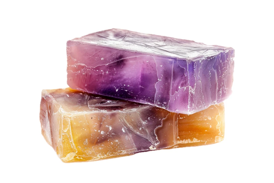 Two bars of handmade translucent lavender and citrus soap