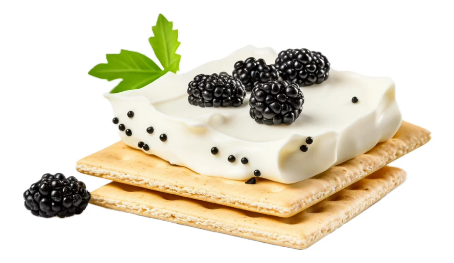 Crackers with cream cheese and blackberries on white background