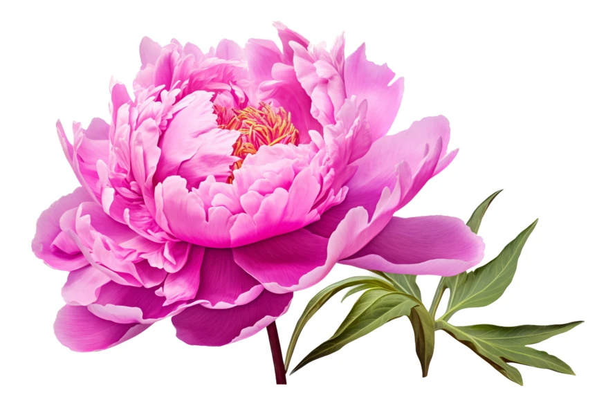 Pink peony flower with green leaves on white background