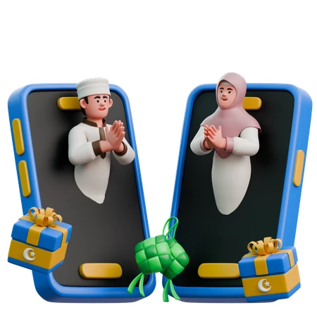 Muslim Couple on Mobile Phones with Gifts 3D