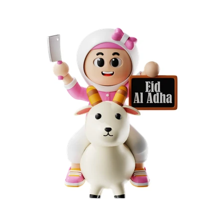 3D cartoon girl on goat celebrating Eid Al Adha