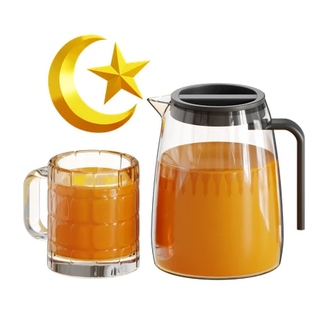 Orange juice in pitcher and glass with Ramadan moon symbol