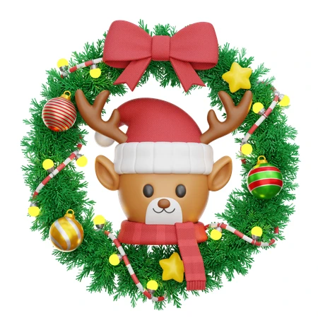 3D Christmas wreath with cartoon reindeer and festive decorations