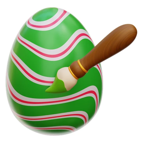 Paintbrush painting a striped green Easter egg 3D render