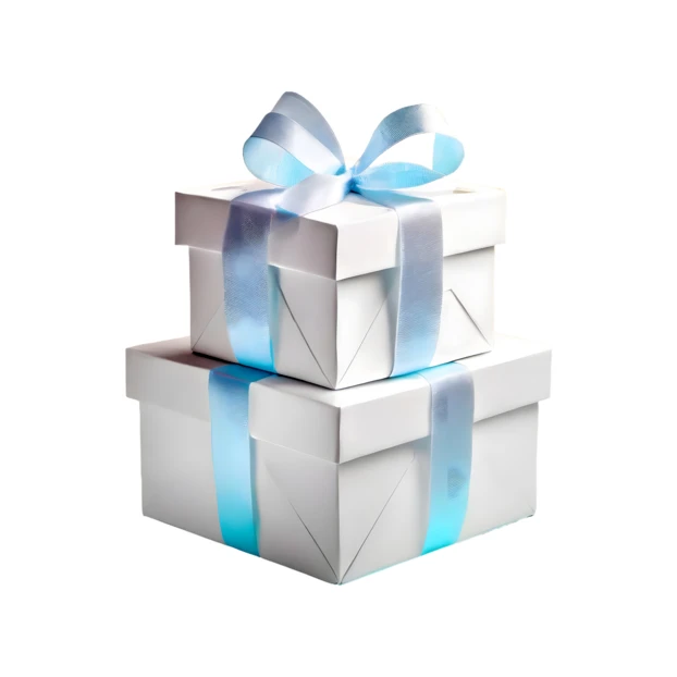 Two white gift boxes stacked with light blue ribbon