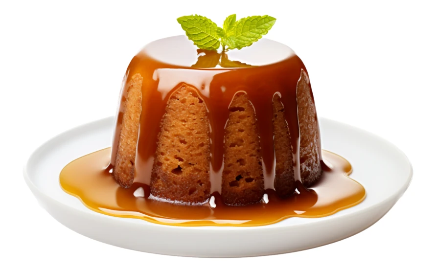 Sticky toffee pudding with caramel sauce and mint garnish