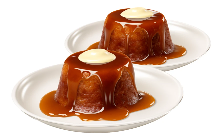 Two sticky toffee puddings with caramel sauce and cream