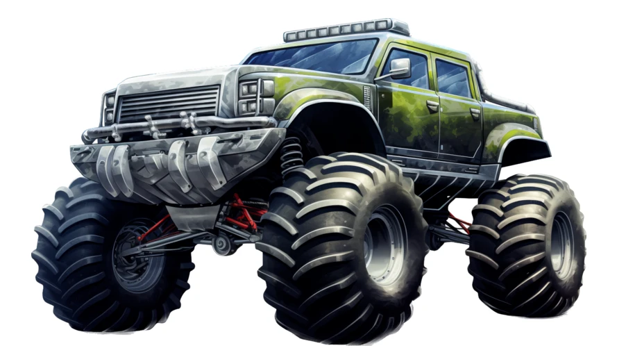 Military green monster truck with huge off-road tires