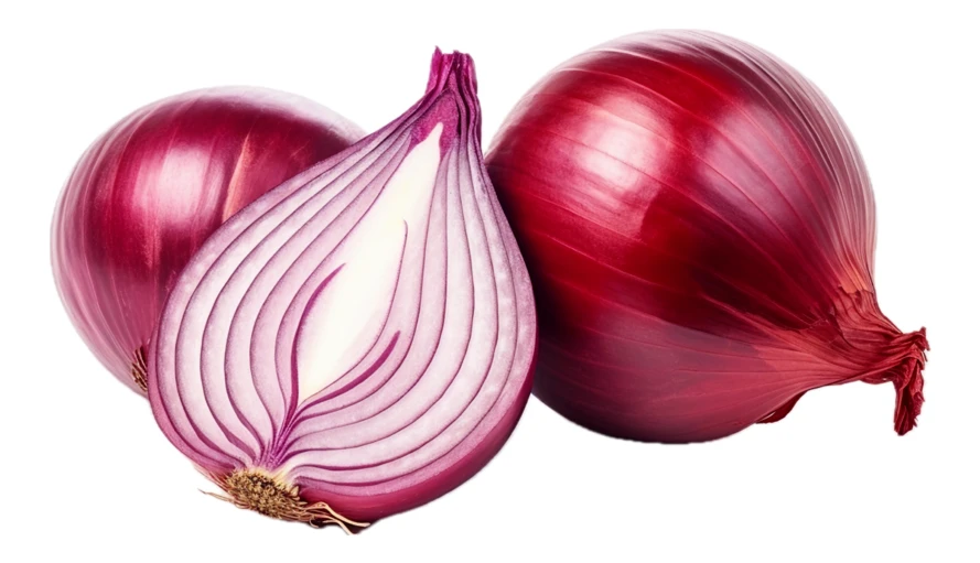 Whole and half red onions isolated on white background