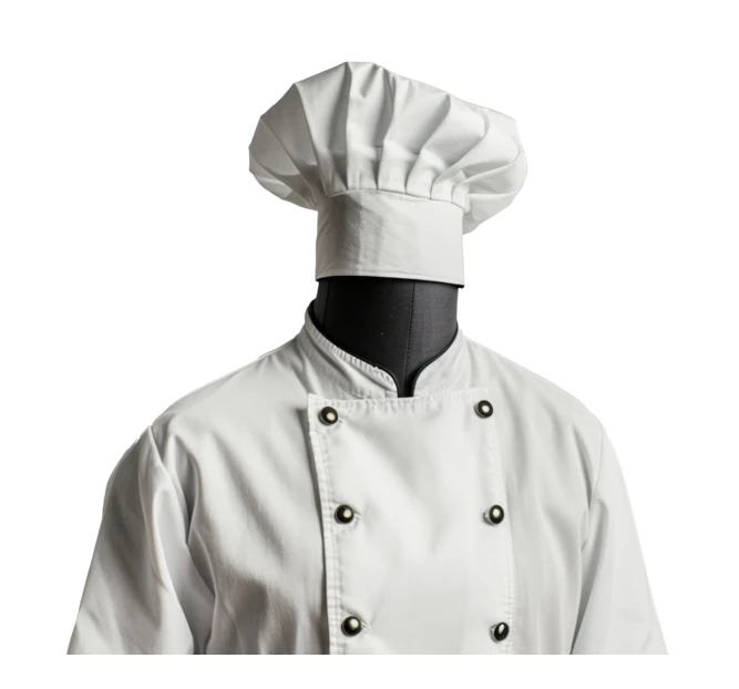 Professional white chef uniform with toque isolated on white background