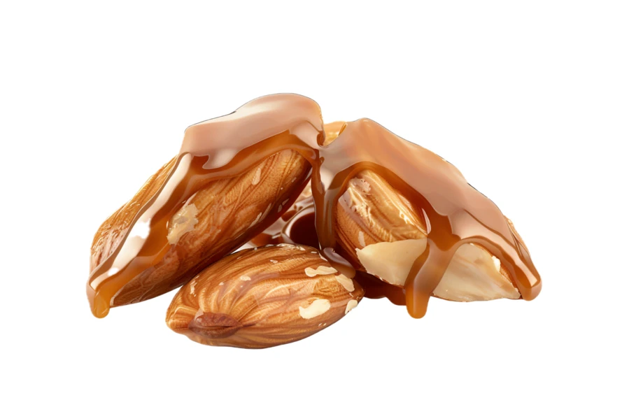 Roasted almonds with flowing caramel sauce isolated on white