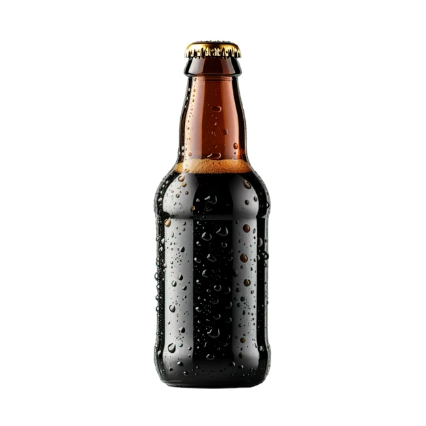 Cold dark beer bottle with condensation isolated on white