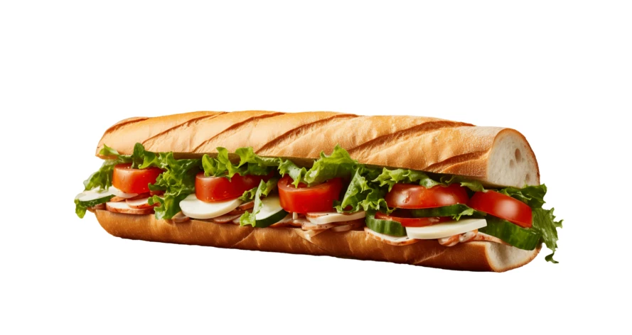 Fresh baguette sandwich with turkey, cheese, and vegetables isolated