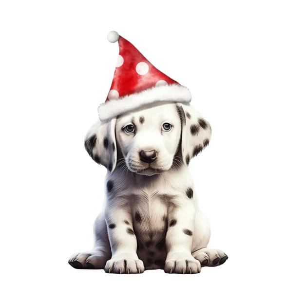 Watercolor Dalmatian puppy wearing a red Santa hat