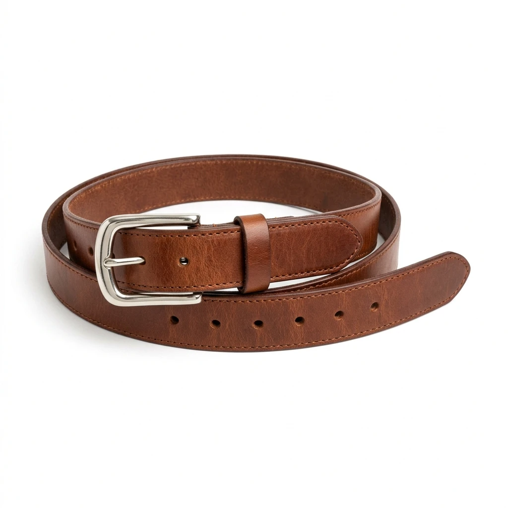 Classic brown leather belt with silver buckle isolated on white