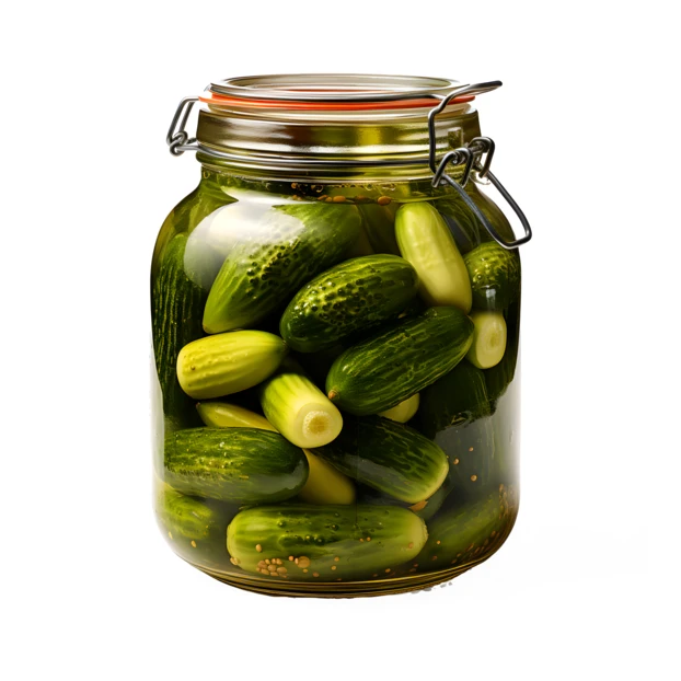 Glass jar of pickled cucumbers isolated on white background