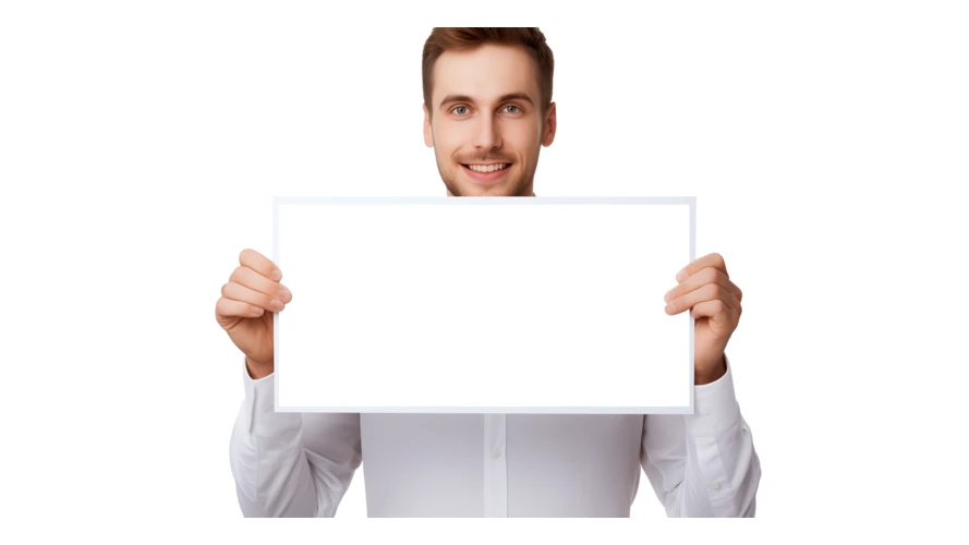 Smiling man holding a blank white board isolated on white