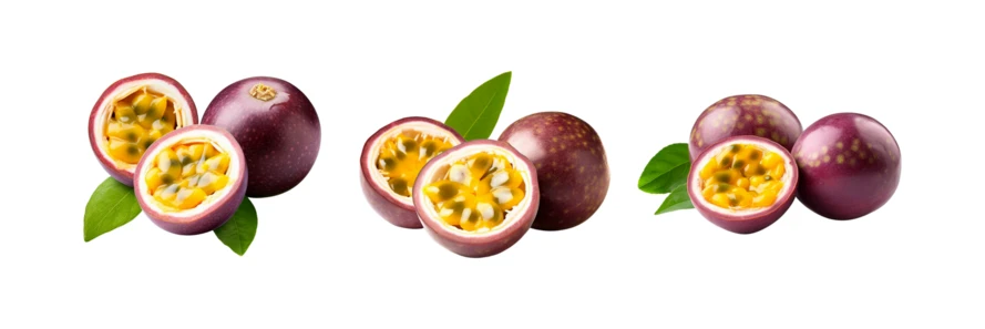 Set of fresh passion fruit clusters on white background