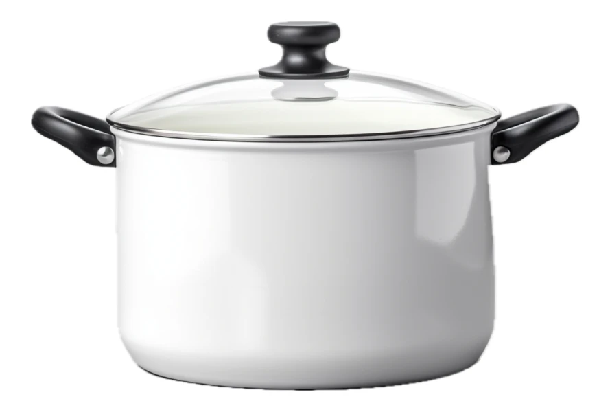 White enamel cooking pot with glass lid isolated on white