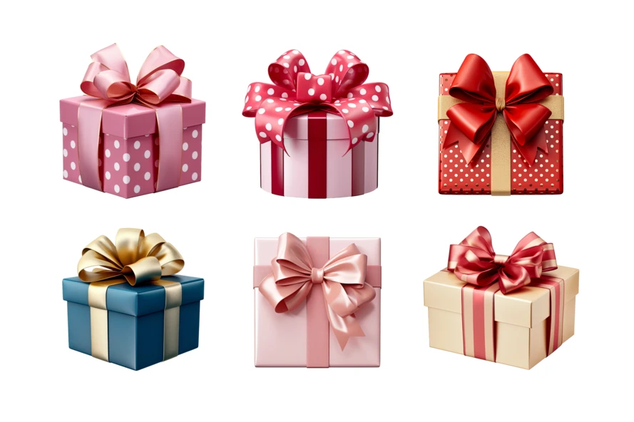 Collection of six colorful gift boxes with decorative bows