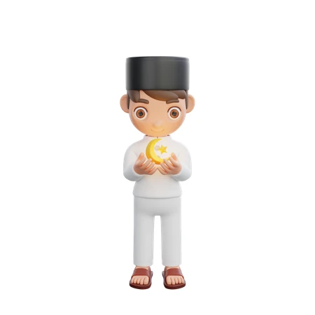 3D cartoon Muslim boy character holding crescent moon and star