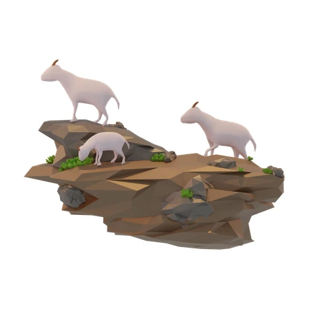 Low poly 3D render of mountain goats on rocky island
