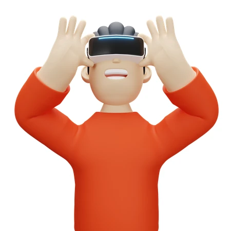 Excited 3D cartoon man wearing a VR headset