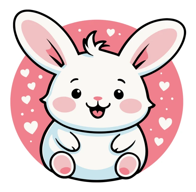 Cute cartoon white bunny illustration on pink heart background