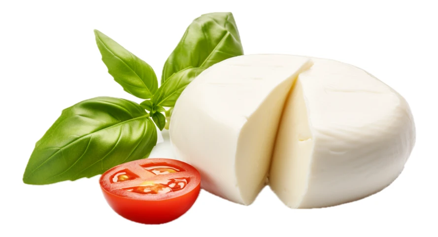 Fresh mozzarella cheese with basil and tomato isolated on white