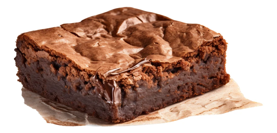 Fudgy chocolate brownie on parchment paper isolated on white background