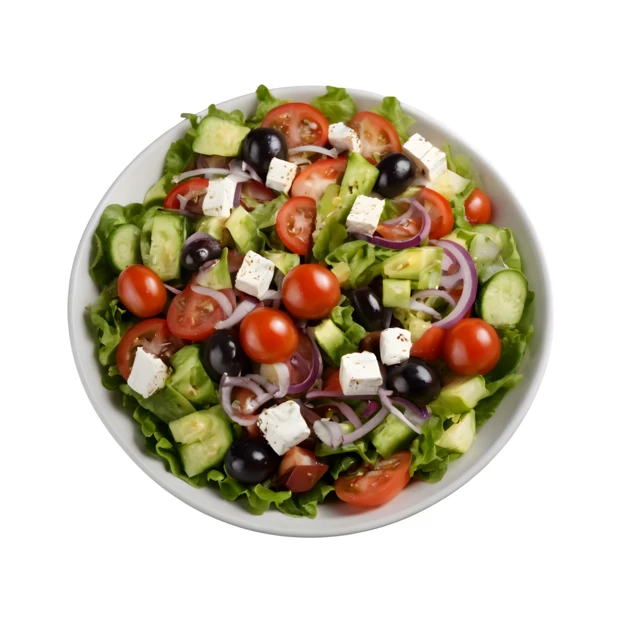 Fresh Greek salad with feta cheese and olives isolated