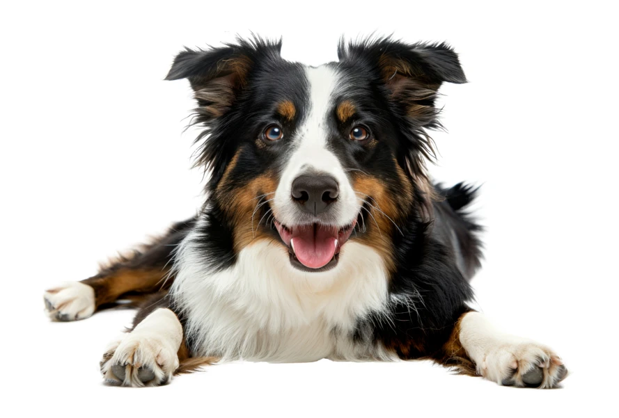Happy Australian Shepherd dog lying isolated on white background