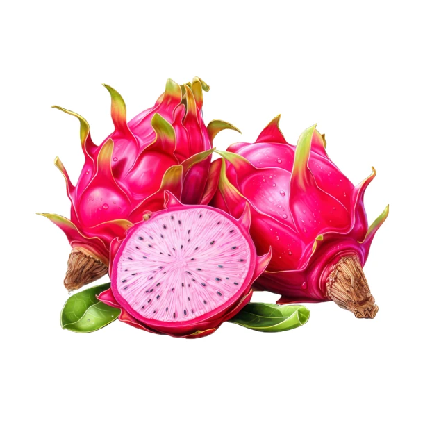 Fresh dragon fruit and half slice on white background