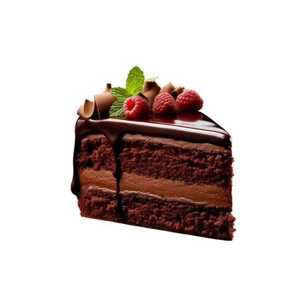 Slice of chocolate cake with raspberries and mint