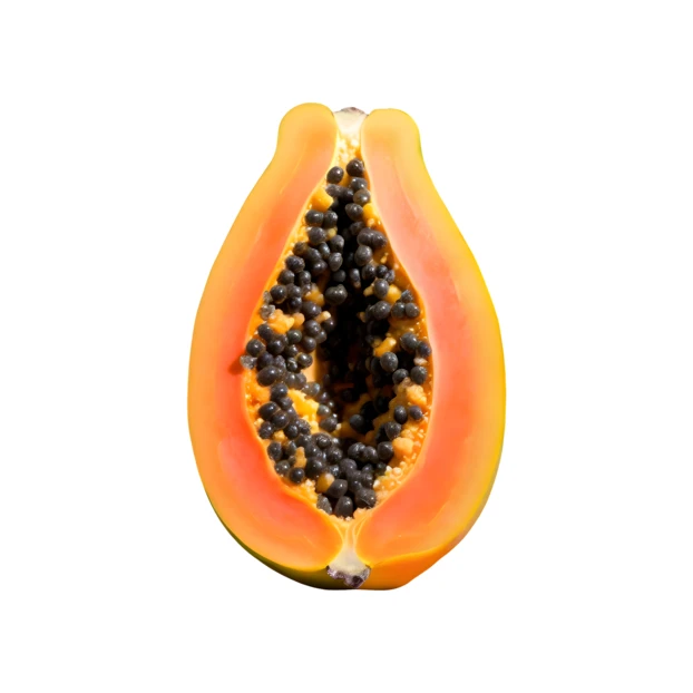 Halved ripe papaya fruit with seeds on white background