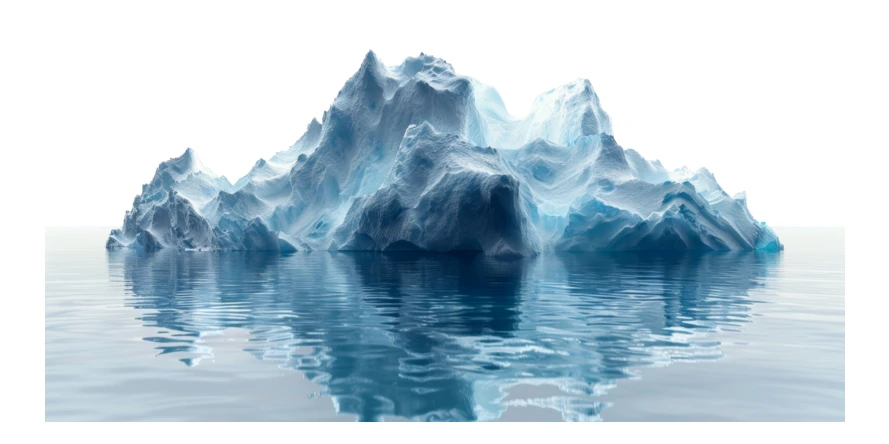 Large blue iceberg floating in calm water against white background