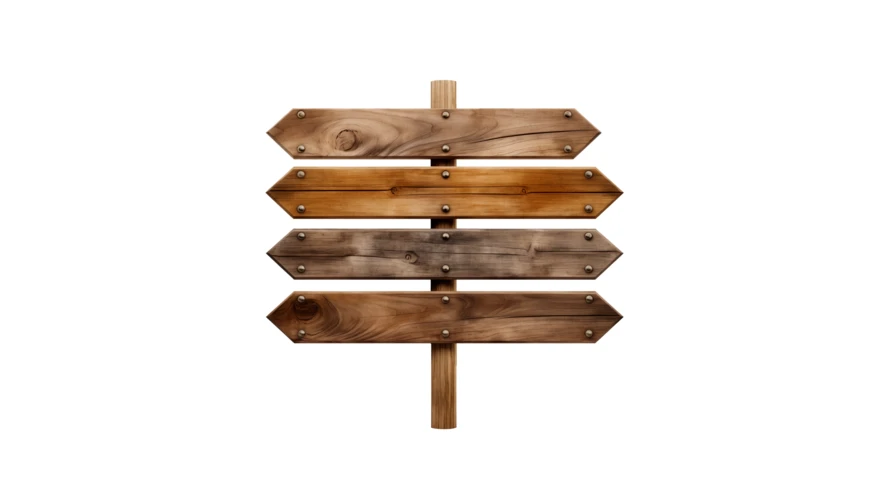 Blank rustic wooden arrow signpost isolated on white background