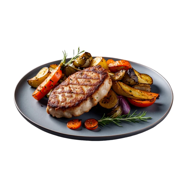 Grilled pork chop with roasted vegetables and rosemary