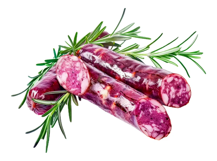 Dry-cured sausages with fresh rosemary isolated on white background