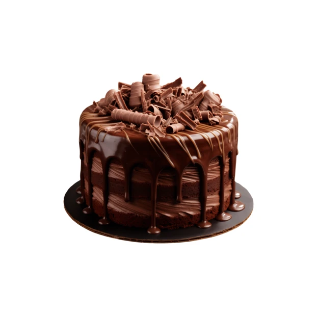 Gourmet chocolate layer cake with ganache drip and shavings