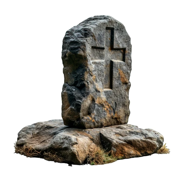 Old weathered stone tombstone with carved cross isolated