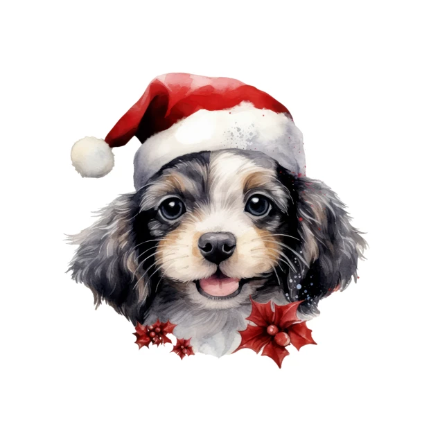 Watercolor illustration of a cute puppy wearing a Santa hat