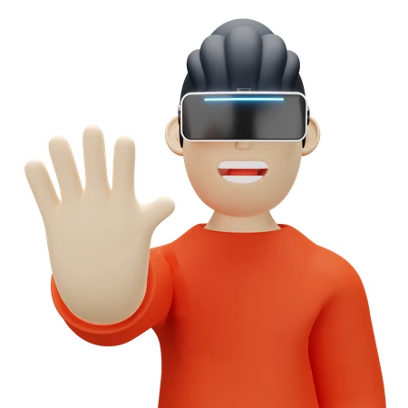 3D stylized character wearing virtual reality headset gesturing stop