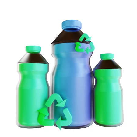 3D plastic bottles with green recycle symbols isolated on white