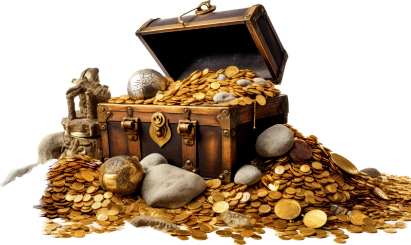 Open wooden treasure chest overflowing with gold coins