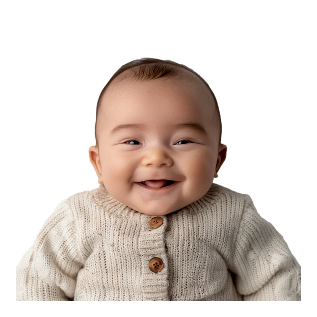 Smiling baby wearing a beige knitted cardigan