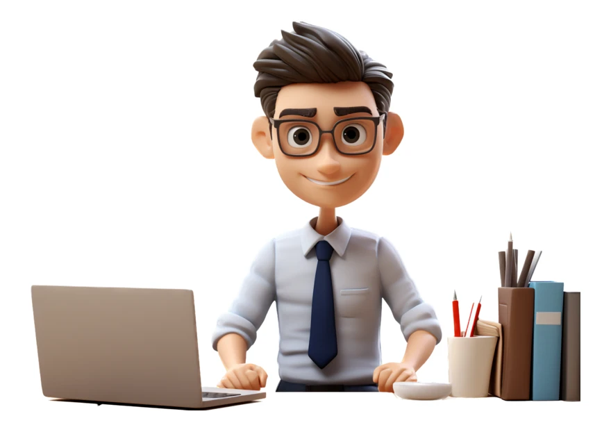 3D cartoon businessman with glasses sitting at his office desk