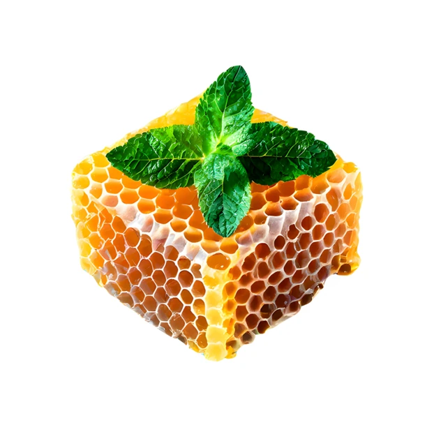 Fresh honeycomb cube with mint garnish isolated on white