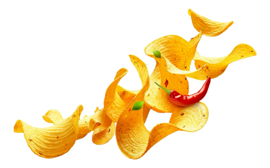 Flying spicy ridged potato chips with red chili pepper