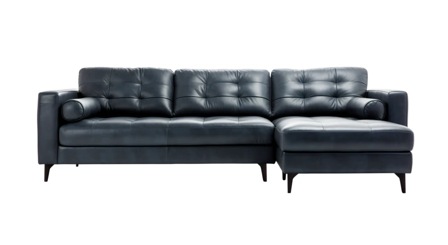 Modern dark blue leather sectional sofa on white background